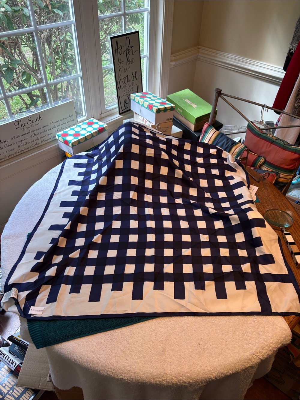 Banana Republic Navy and White Gingham Polyester Scarf